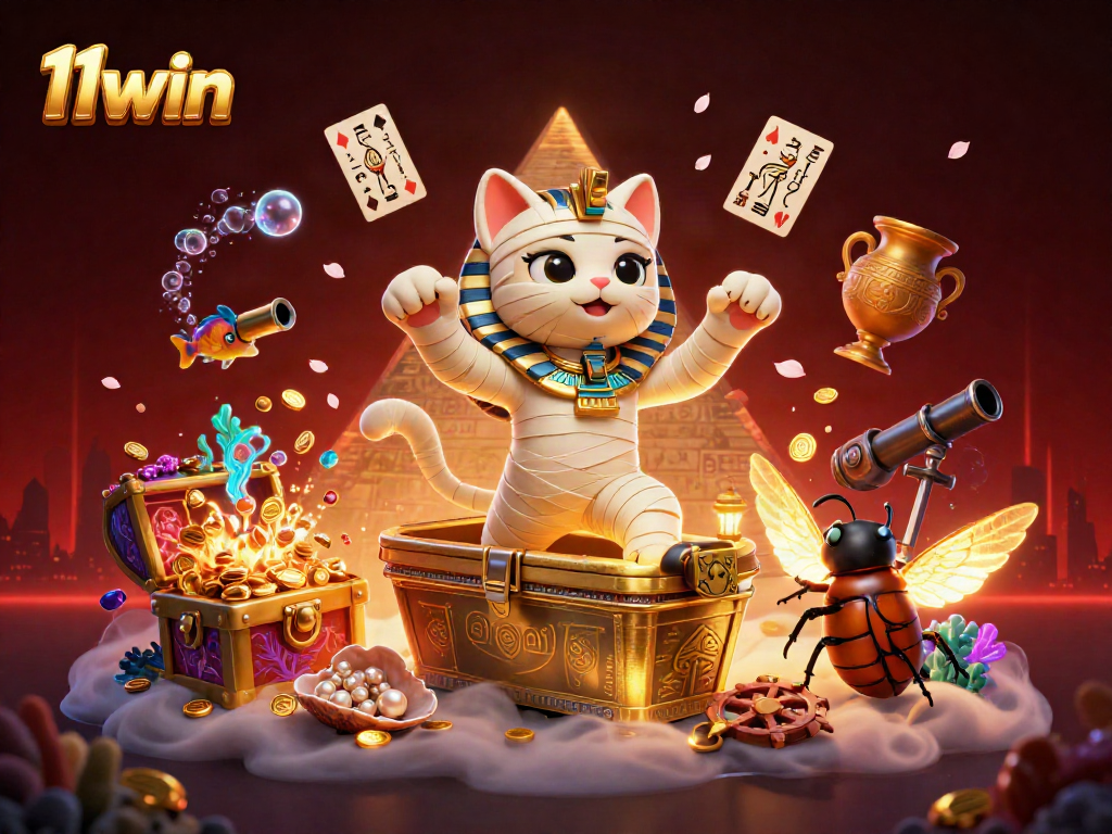 Spin reels and win big with 11win in this vibrant casino scene featuring unique characters.