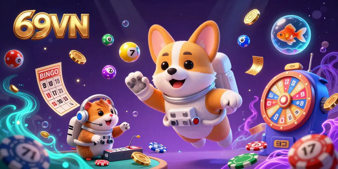 Immerse in the vibrant 69VN casino scene with playful characters and dynamic gambling elements.