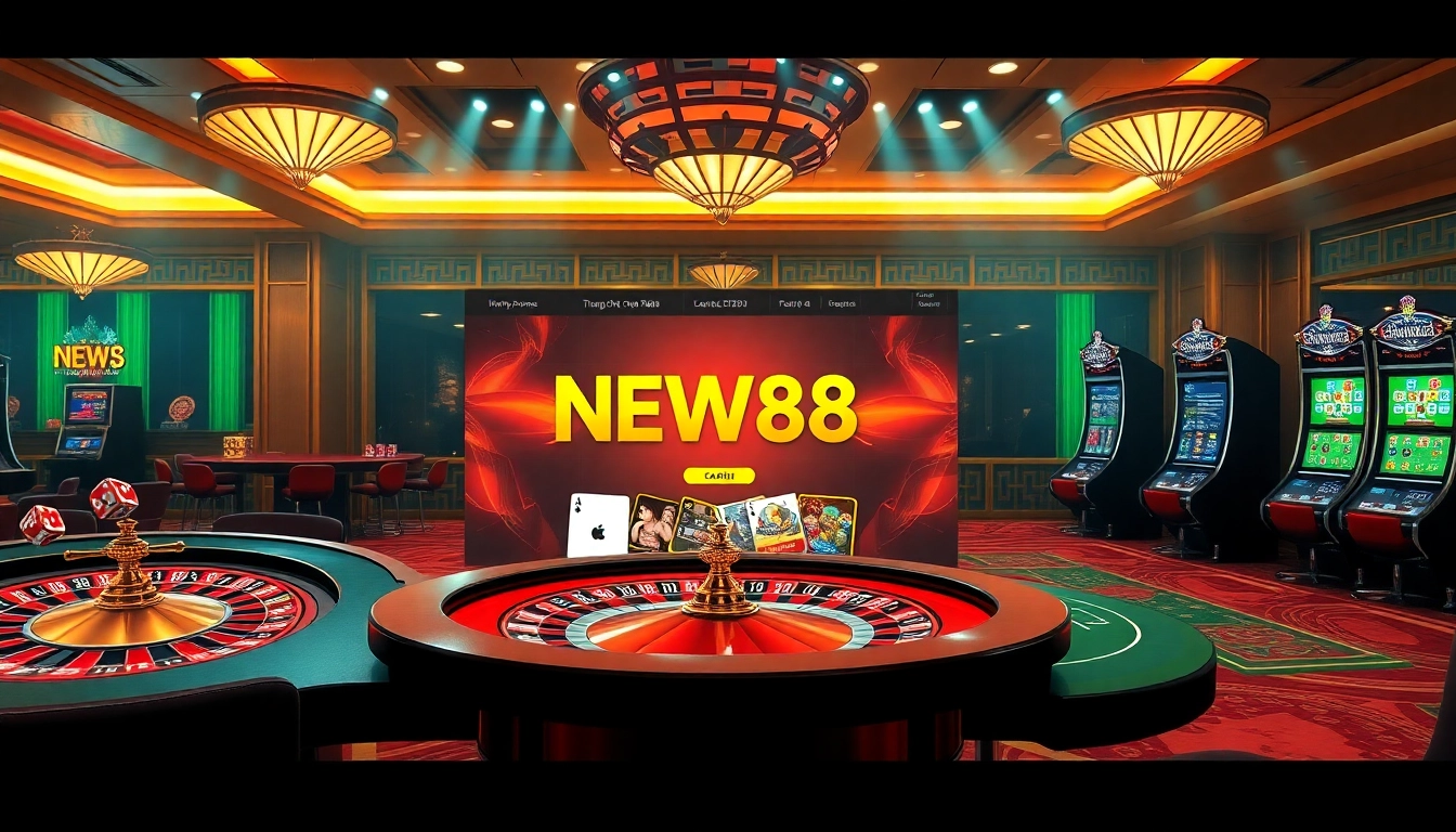 Engaging atmosphere of Trang Chủ NEW88 with vibrant casino elements like roulette, poker, and slot machines.