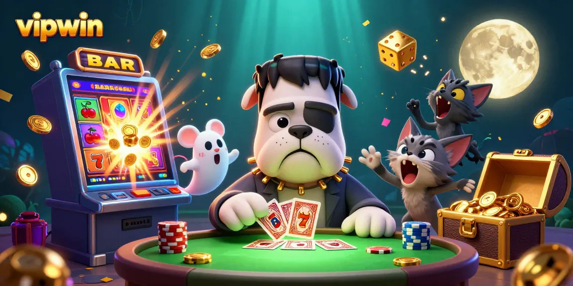 Experience thrilling gaming action at vipwin featuring spooky characters and casino elements.