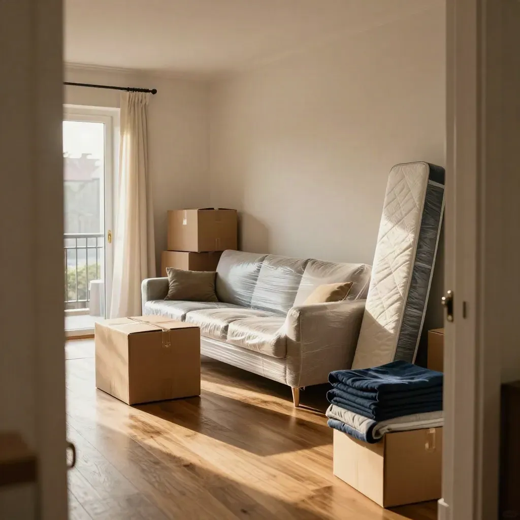 Sala de apartamento com sofá embalado, caixas lacradas, colchão no corredor e luz da tarde.