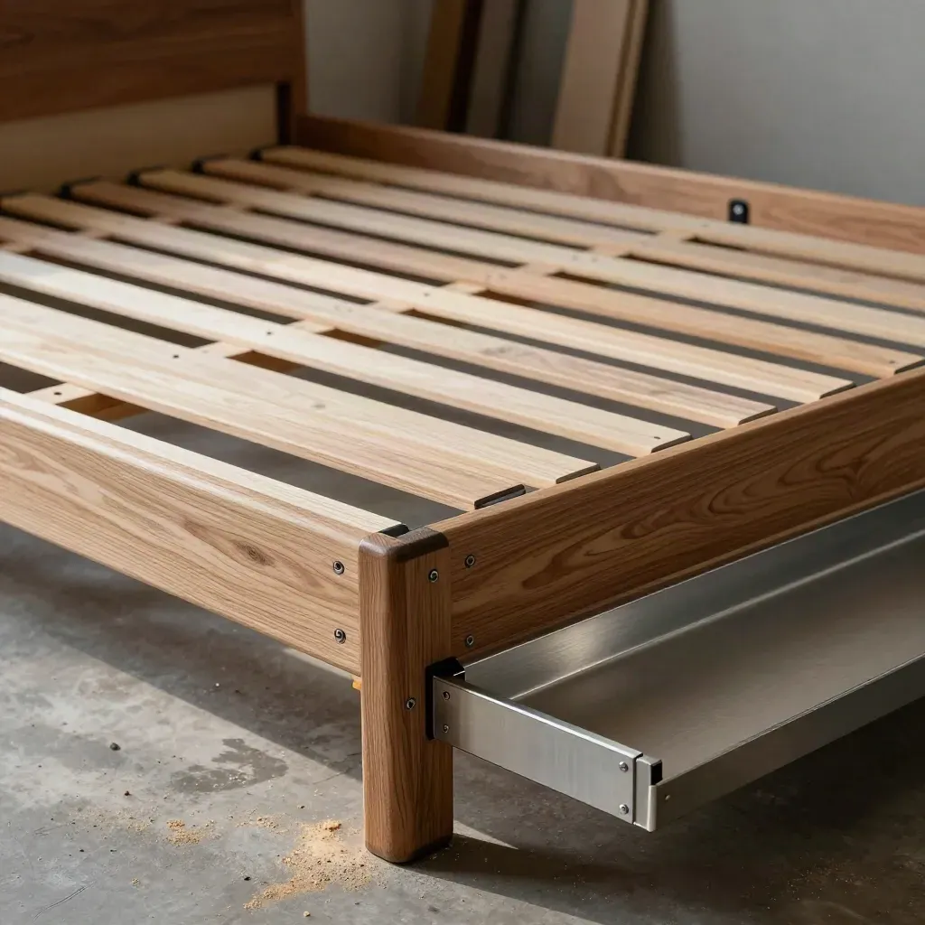 Peças de cama desmontadas em oficina, organizadas para transporte e remontagem.