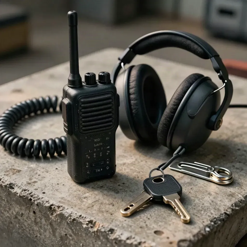 Rádio, headset, presilhas e chave de ignição sobre concreto, em luz dramática.