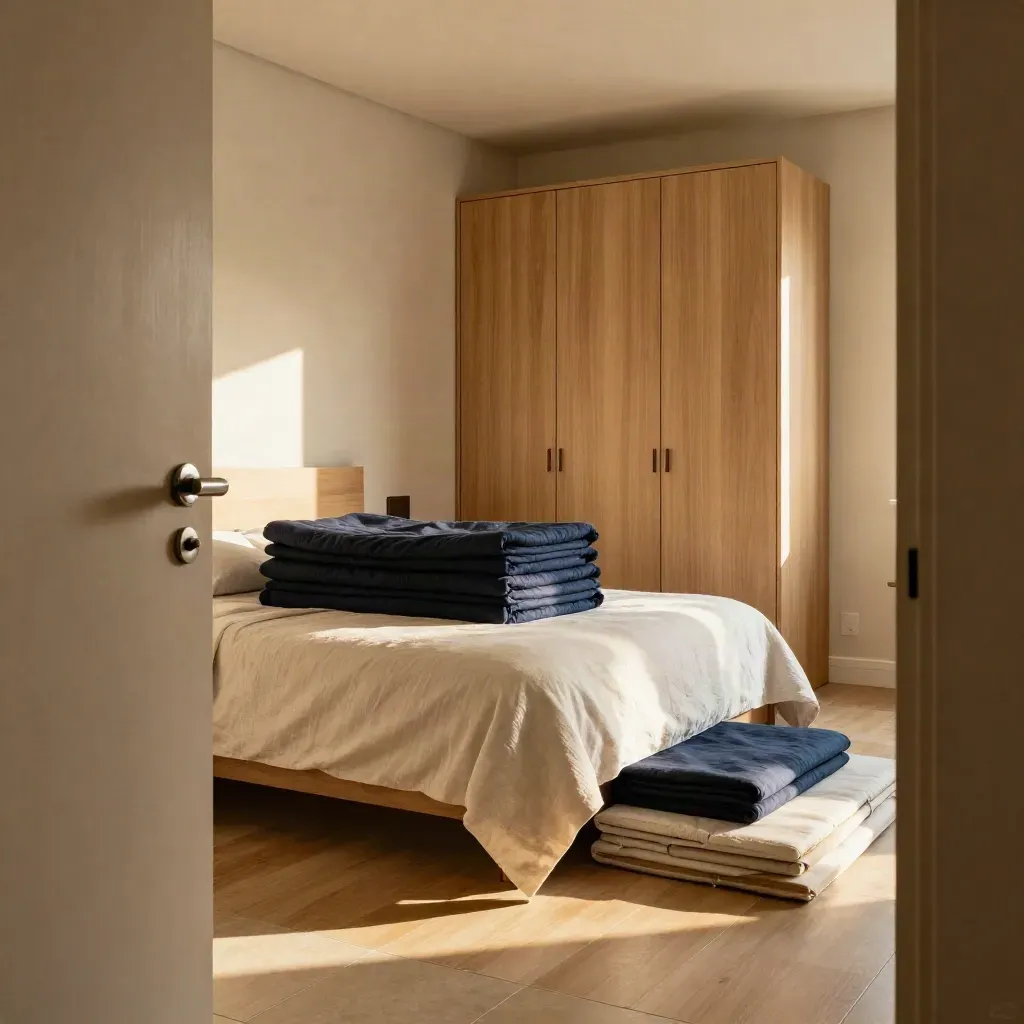 Quarto de casa em Campinas reformado, cama montada e mantas dobradas ao pé da cama.