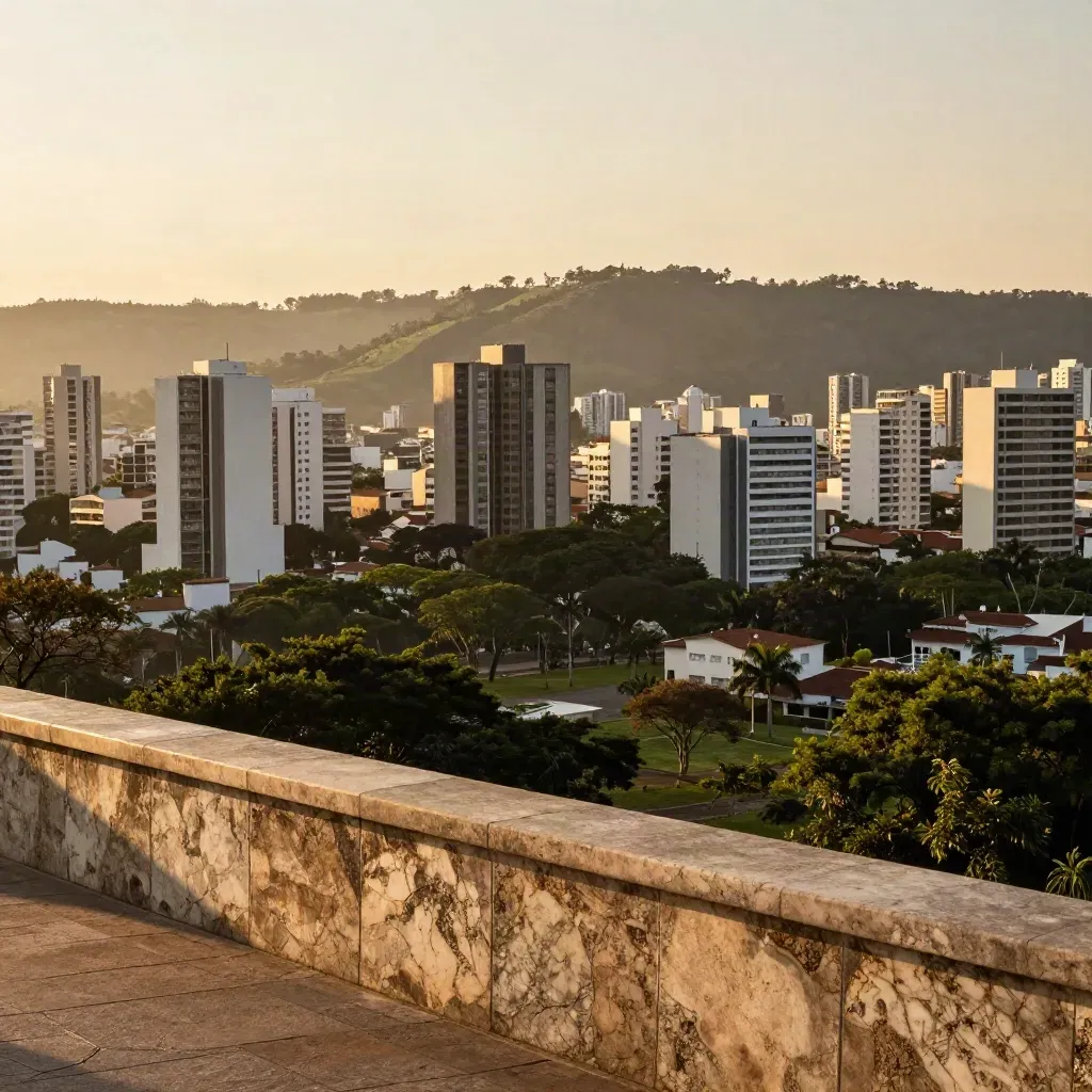 Vista dourada de Campinas com prédios, árvores e morros sob névoa suave.