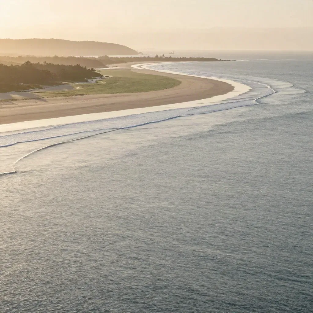 Baía curvada do Litoral Paulista com neblina atlântica e mar calmo ao amanhecer