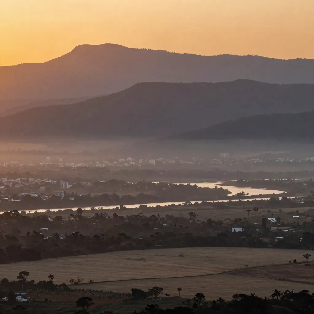 Vale do Paraíba ao pôr do sol, serras em camadas e neblina sobre o vale.