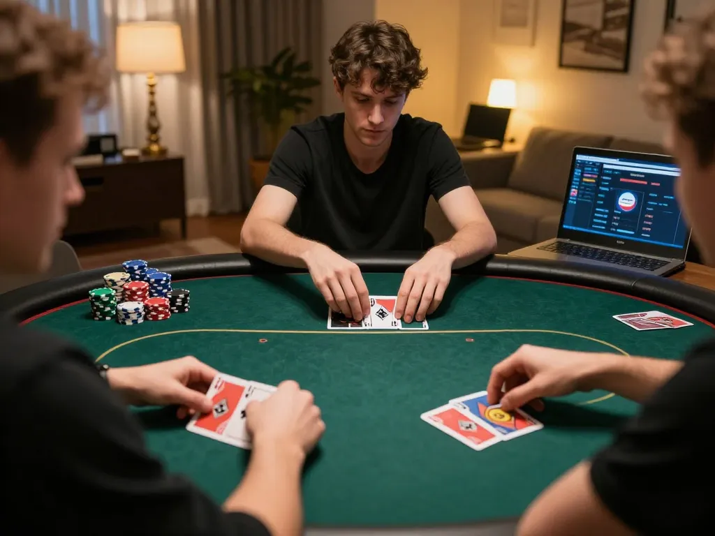 Engaged player at 789 BET's online poker game, focusing on strategy and excitement in a cozy setting