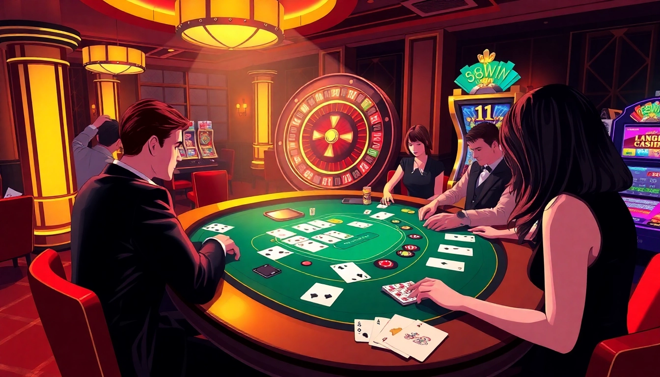 Experience the excitement of 98win casino with a luxurious blackjack table, vibrant roulette wheel, and engaged players.