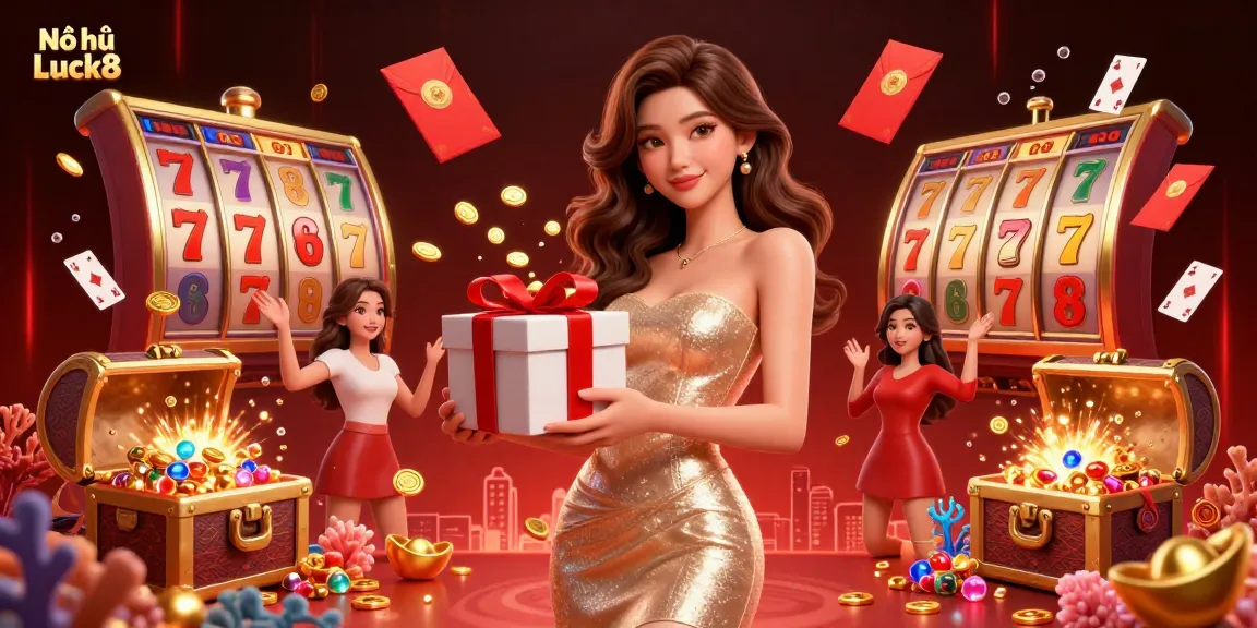 Nổ hũ Luck8 showcases a festive 3D casino scene with vibrant characters and dynamic slot elements.