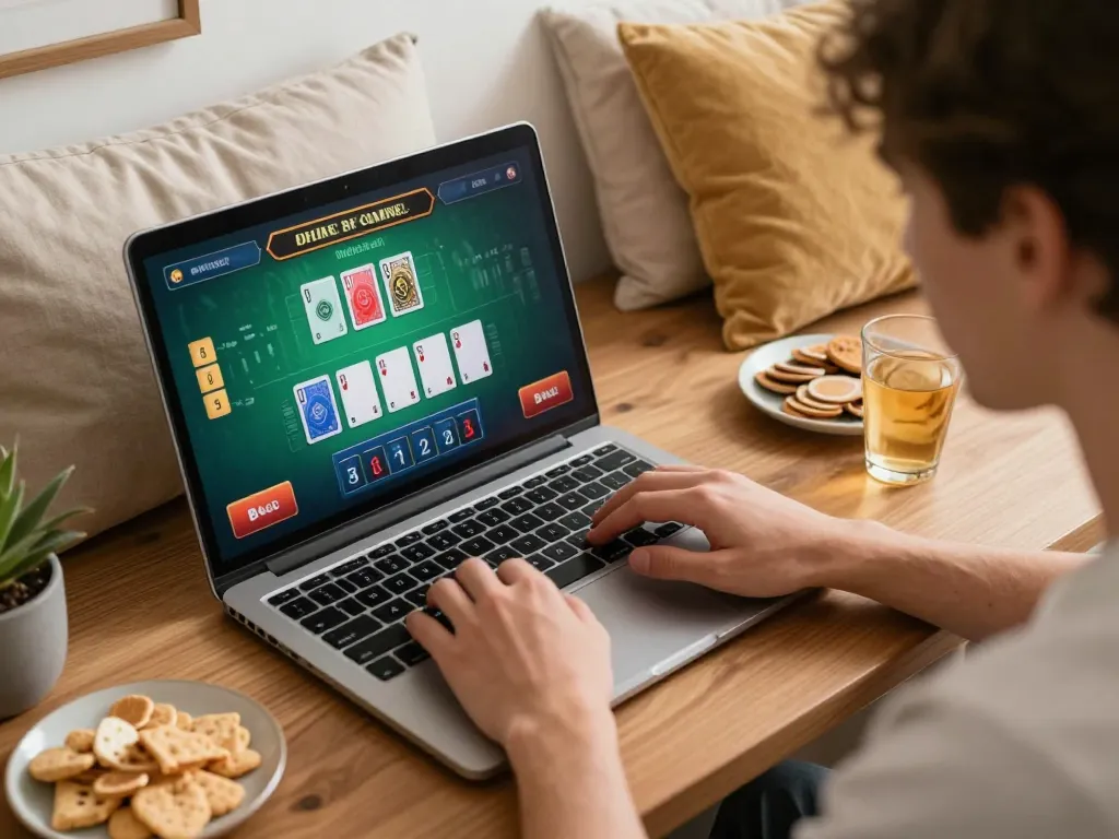 Player enjoying online blackjack at 33cc.info, showcasing strategic betting decisions in a cozy home setting