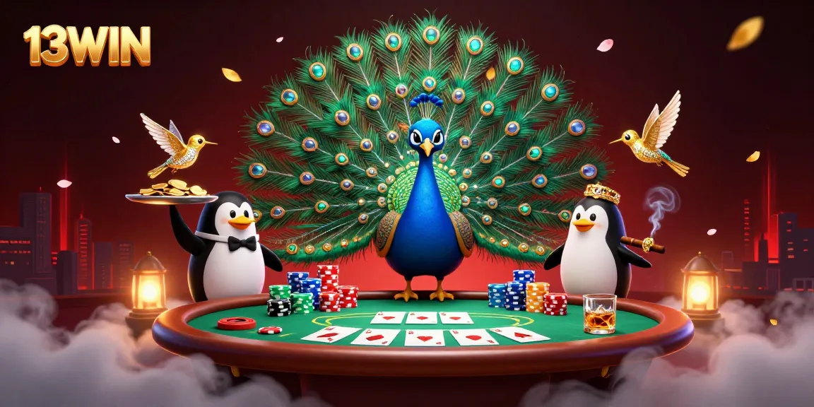 Experience thrilling gameplay at 13WIN with a vibrant 3D casino scene featuring unique characters and poker elements.
