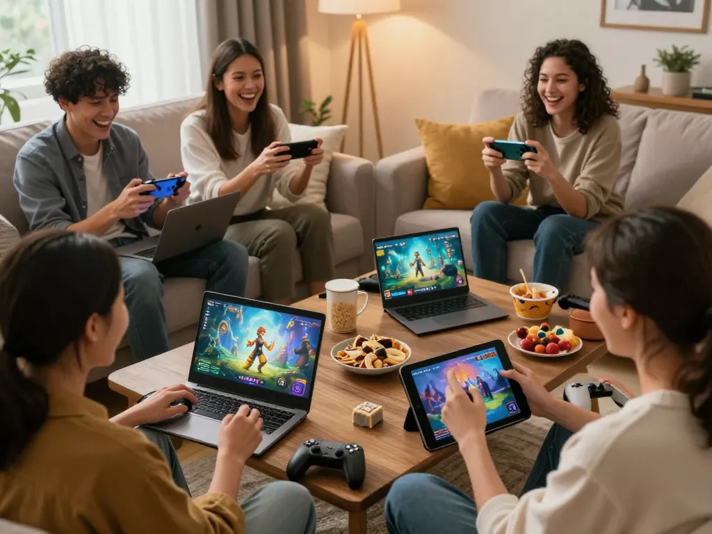 Group of friends enjoying an adult game night in a cozy living room, showcasing laughter and interaction.