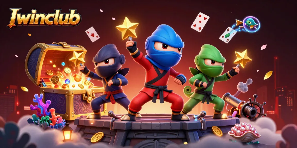 Iwinclub chameleons performing martial arts amid casino elements like gold coins and cards