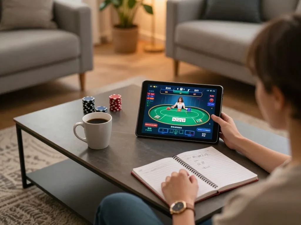 Engaging in online gambling at 789win hiện đang mở using a tablet in a cozy living room.