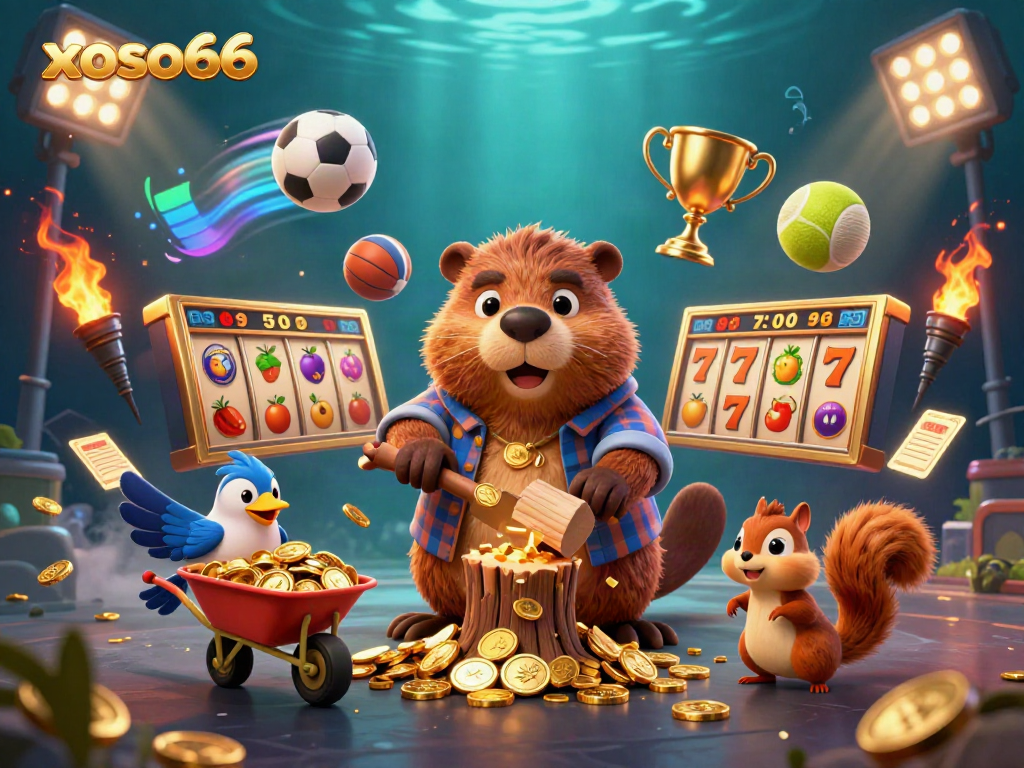 Experience thrilling gaming with xoso66 as a beaver collects golden coins alongside fun characters.