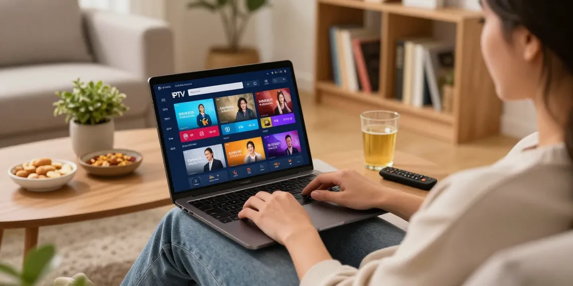 Experiência de streaming IPTV em sala de estar aconchegante com laptop e petiscos.
