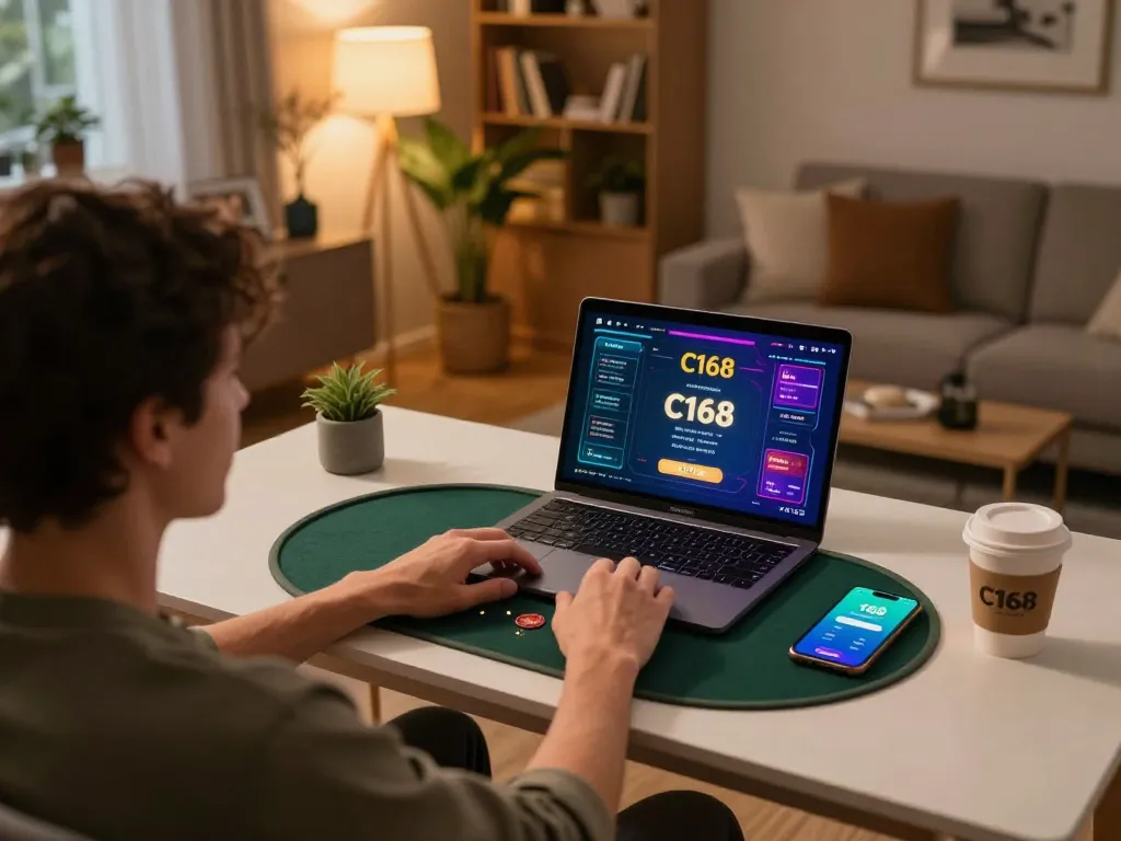 Player engaging in C168 online poker game from home setup, showcasing gaming interface and atmosphere