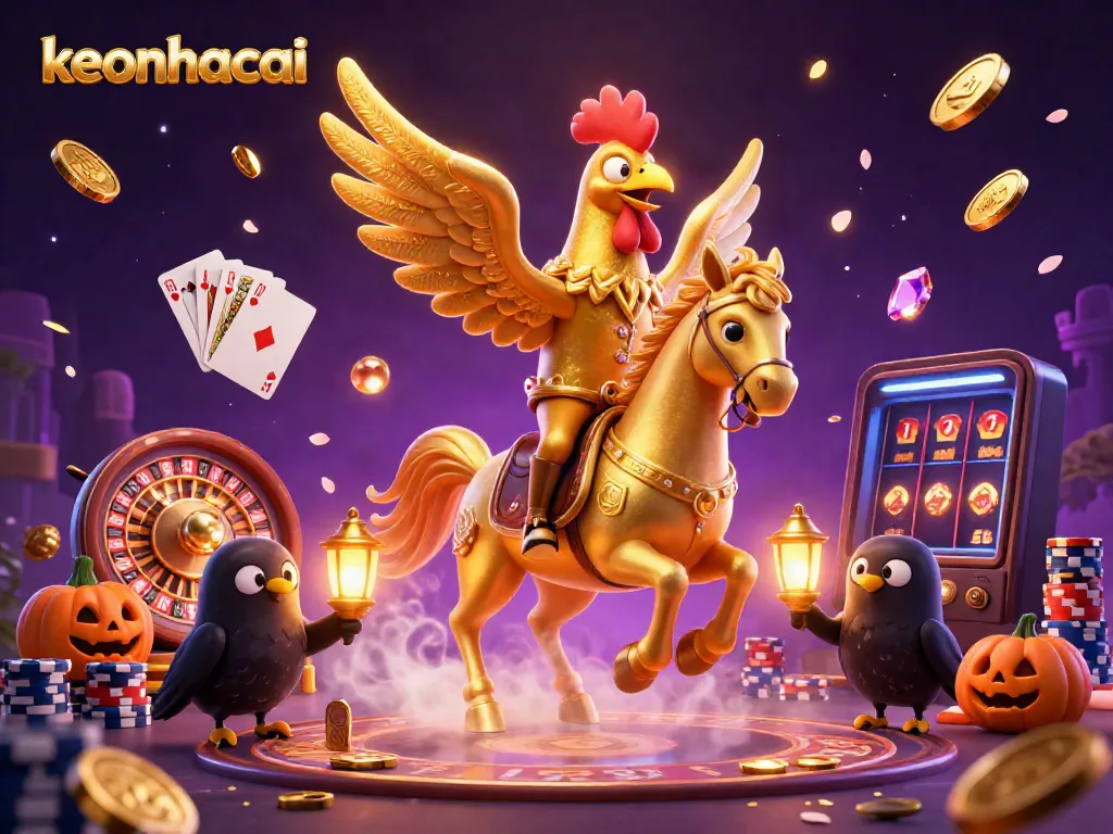 Experience the thrill of keonhacai with golden rooster characters amidst a vibrant casino setting.