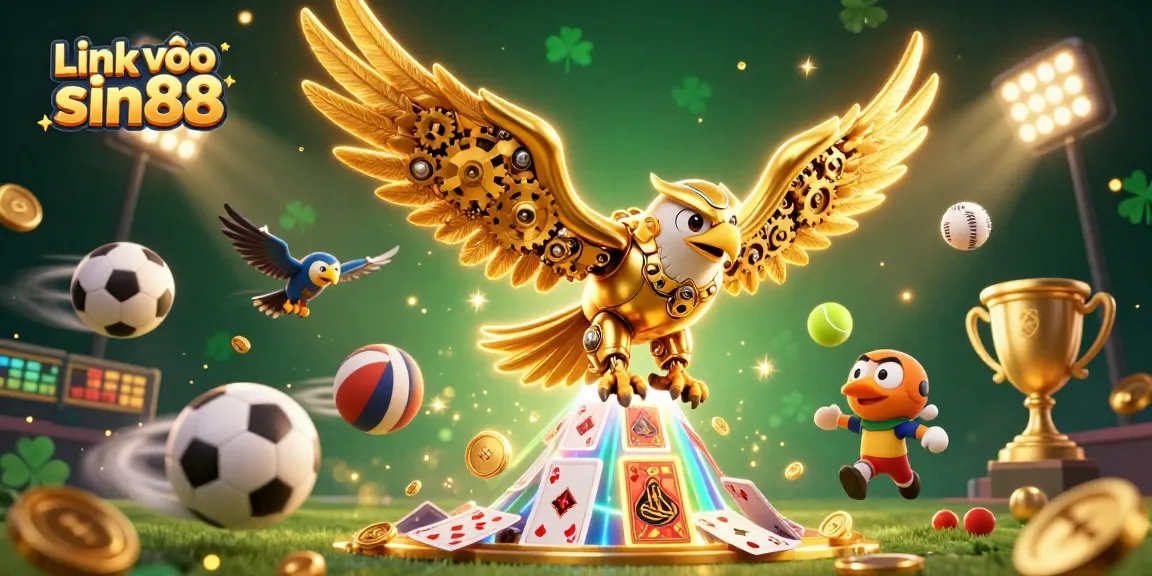 Link vào sin88 features a cybernetic eagle soaring amidst holographic cards and energetic sports elements.