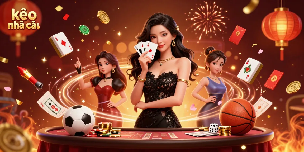 Exciting kèo nhà cái sports betting scene with Asian woman holding cards amidst festive elements.