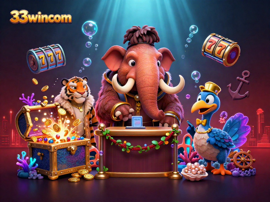 33wincom casino bouncer checks IDs at an underwater-themed gaming scene filled with vibrant elements.