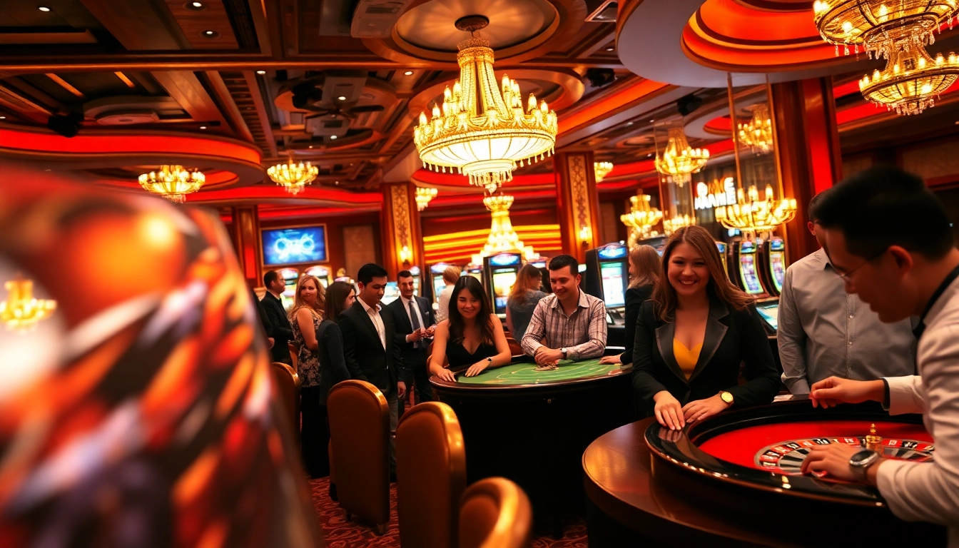 Erleben Sie den neuen Casino Bonus ohne Einzahlung neu in einem eleganten Casino-Ambiente mit Spielern und Spieltischen.