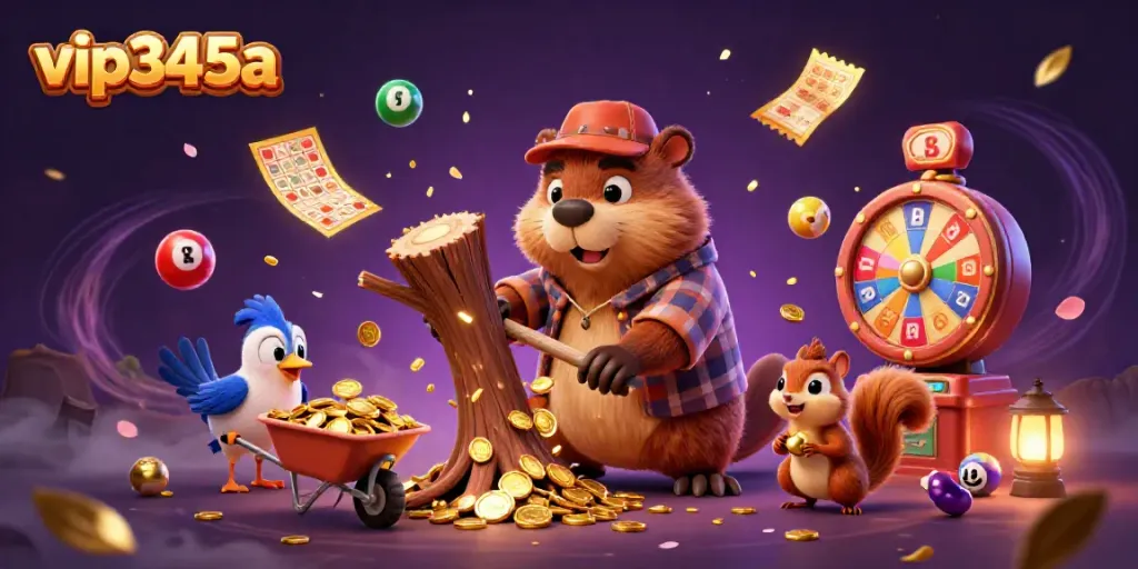 Experience vibrant gameplay at vip345a with animated characters celebrating a jackpot of golden coins and prizes.