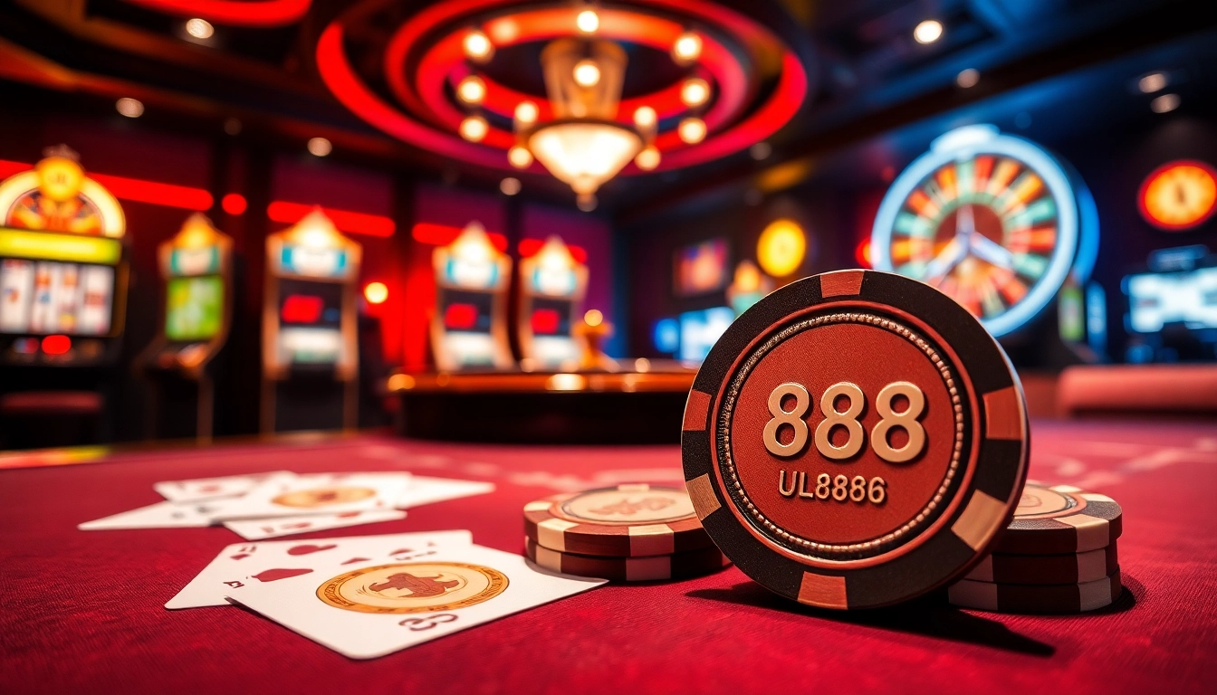 Enjoying a thrilling game at U8888 casino featuring vibrant slot machines and poker chips.