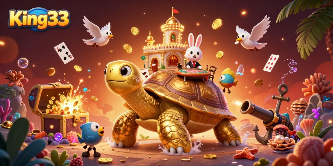 Experience the excitement of King33 with a vibrant illustration depicting a fantasy casino scene with a golden tortoise, playing cards, and treasure.
