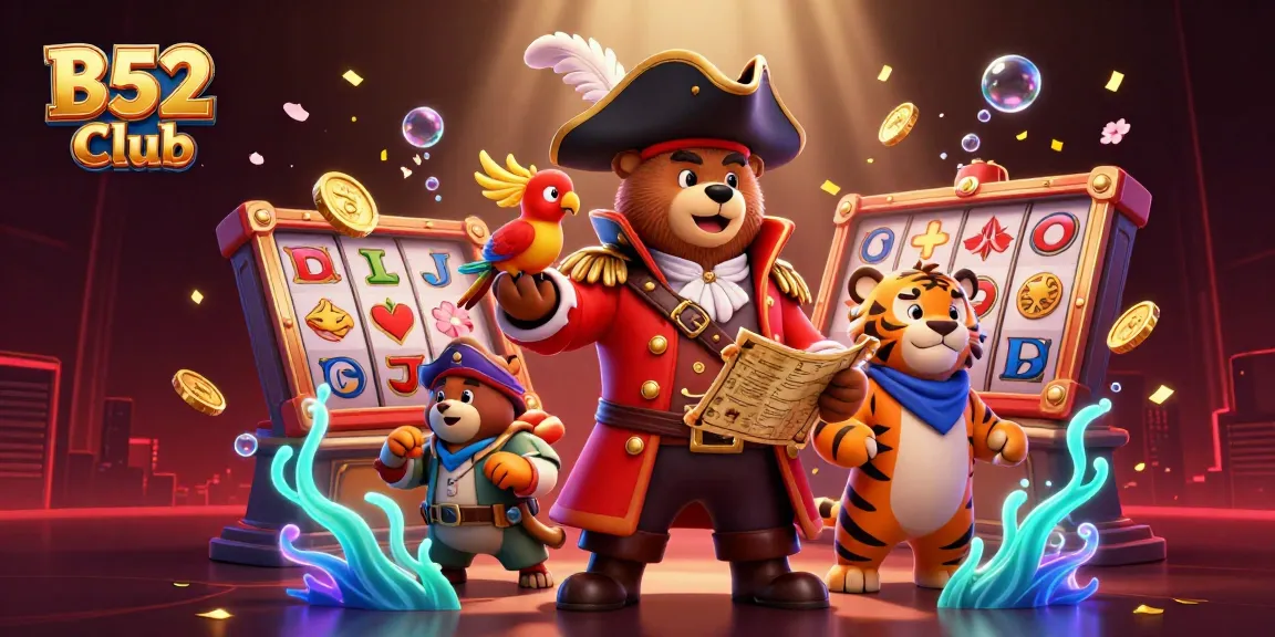 B52 Club showcases a vibrant 3D casino scene with a pirate captain bear and his crew celebrating jackpot wins.