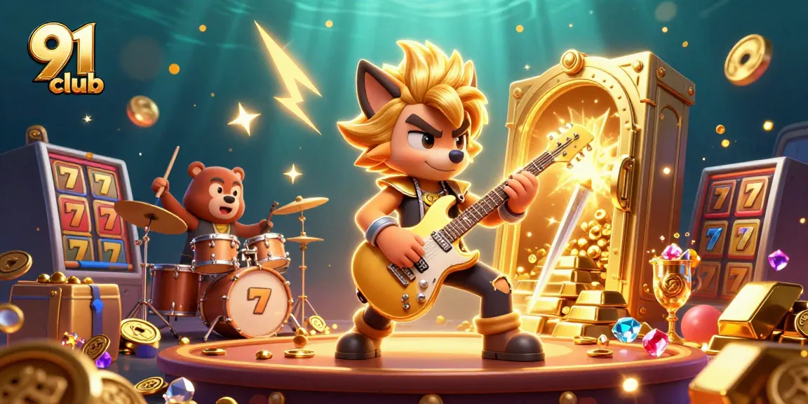 Engage with 91 club’s thrilling gaming experience featuring a lively wolf guitarist and bear drummer on stage with sparkling treasures.