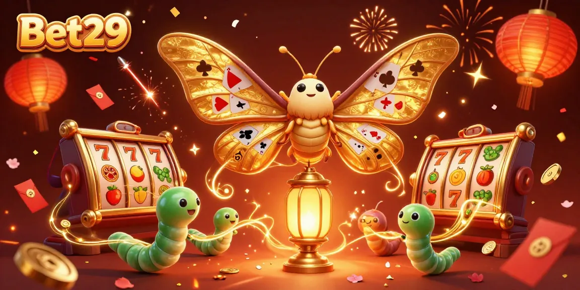 Experience the thrill of Bet29 with a vibrant casino scene featuring golden moths and dynamic slot elements.