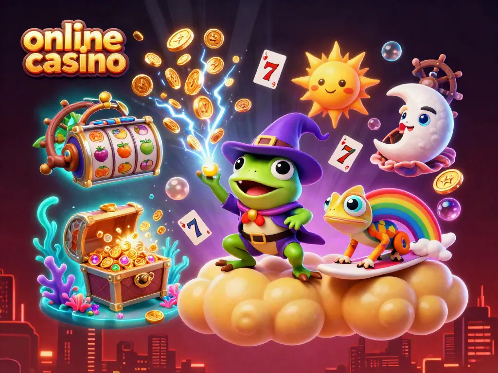 Engage with an online casino experience featuring a whimsical storm of coins, showcasing vibrant elements and gaming symbols.