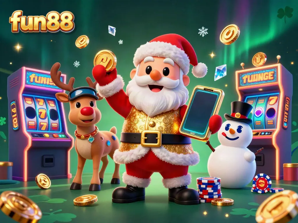 Play exciting jackpot slots at fun88 with Santa, his reindeer dealer, and a poker chip snowman.