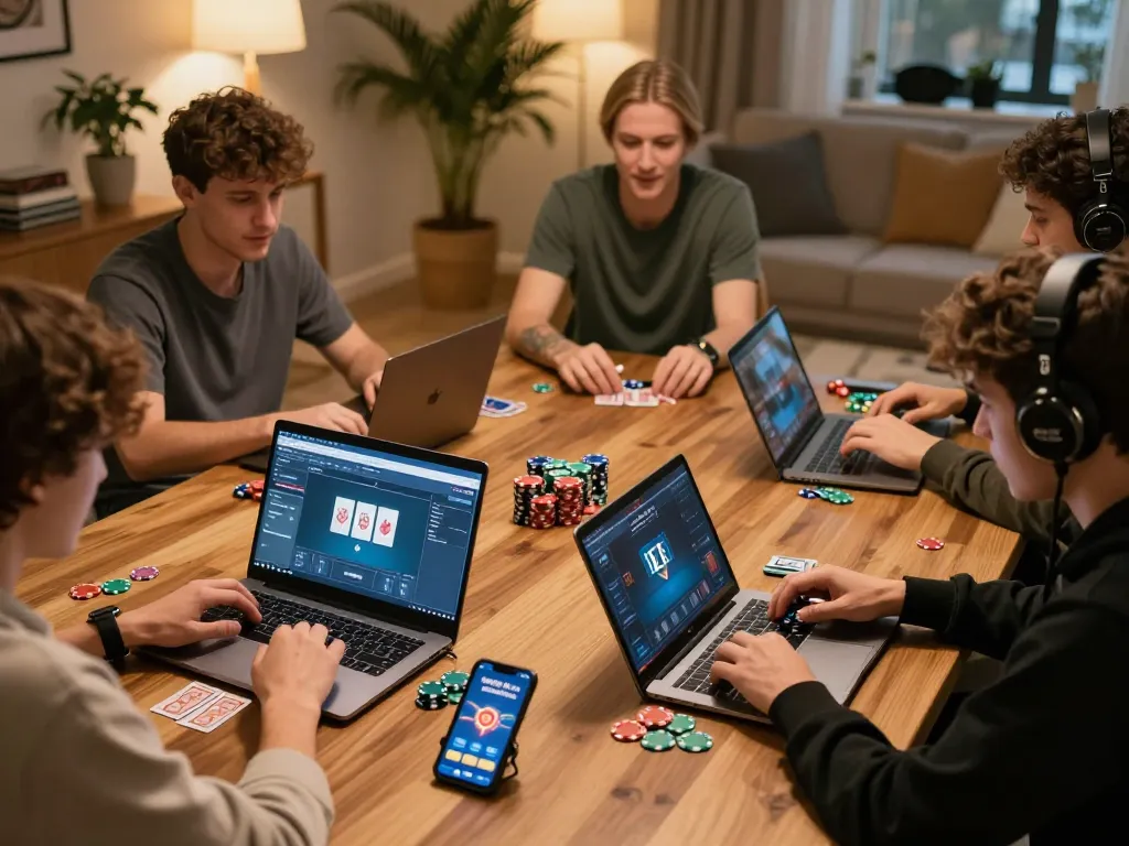 Players enjoying online poker on 888NEW with strategic gameplay in a cozy home setting.