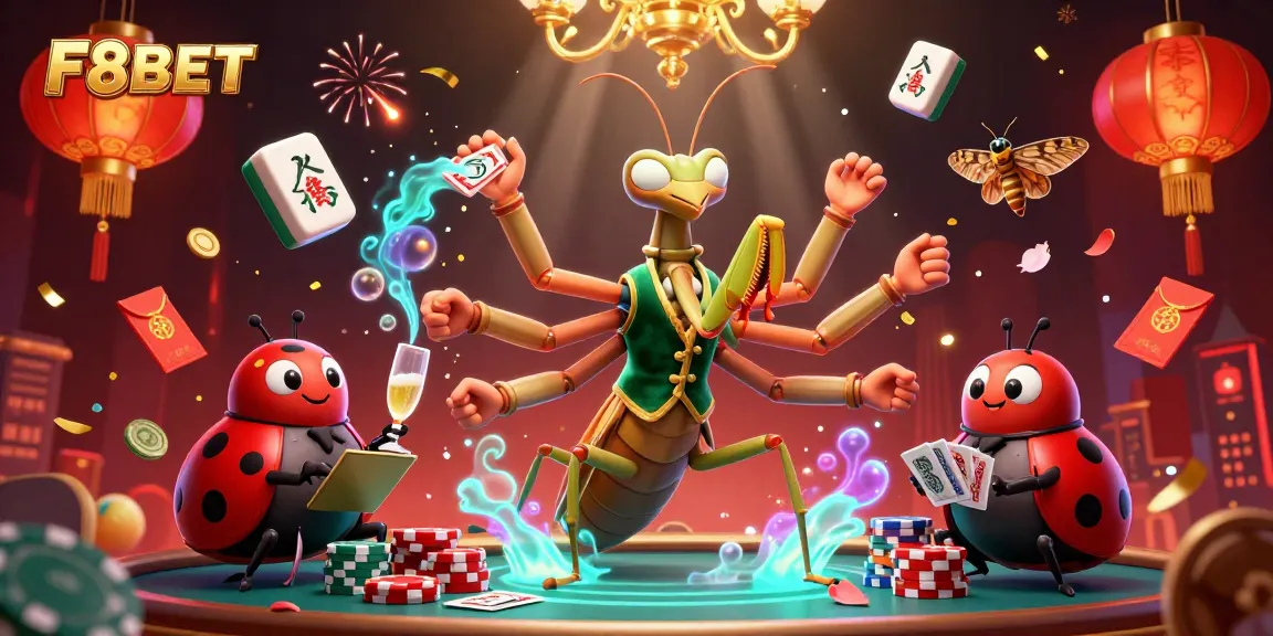 F8BET showcases a lively casino atmosphere with a cartoon mantis dealer, vibrant gaming elements, and fun energy