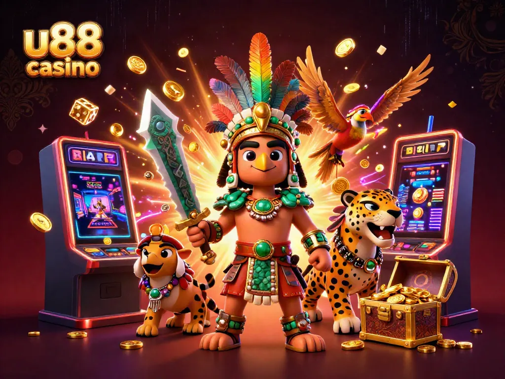 Experience the excitement of u88 casino with a vibrant Aztec-themed 3D scene featuring warriors and dynamic gaming elements.