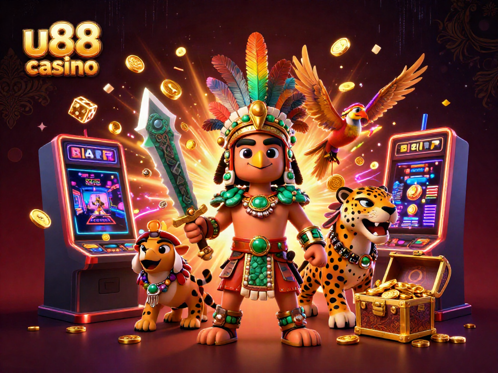 Experience the excitement of u88 casino with a vibrant Aztec-themed 3D scene featuring warriors and dynamic gaming elements.