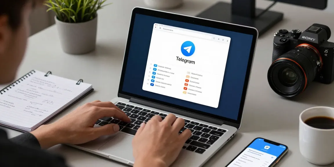 Adjusting Telegram Chinese settings in a modern workspace with tech gadgets and a laptop.