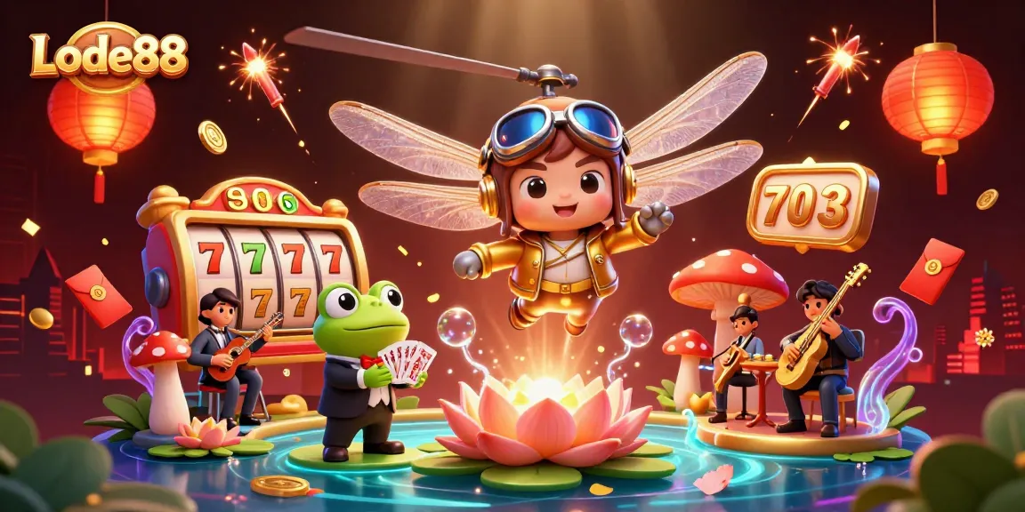 Lode88 offers thrilling slots action with vibrant characters in a whimsical casino setting.
