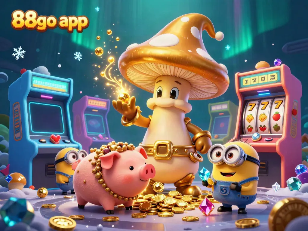 Experience the excitement of the 88go app with a golden mushroom wizard and gaming elements in an engaging casino illustration.