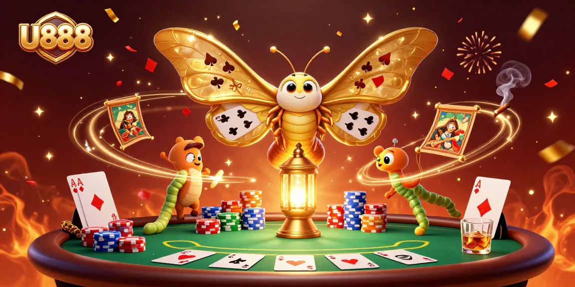 Engage in exciting U888 betting with a vibrant 3D casino scene of cards, chips, and festive elements.