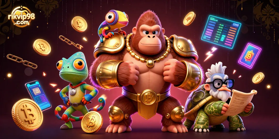 Experience exhilarating gameplay at rikvip98 com with a heroic gorilla king surrounded by vibrant cryptocurrency elements.