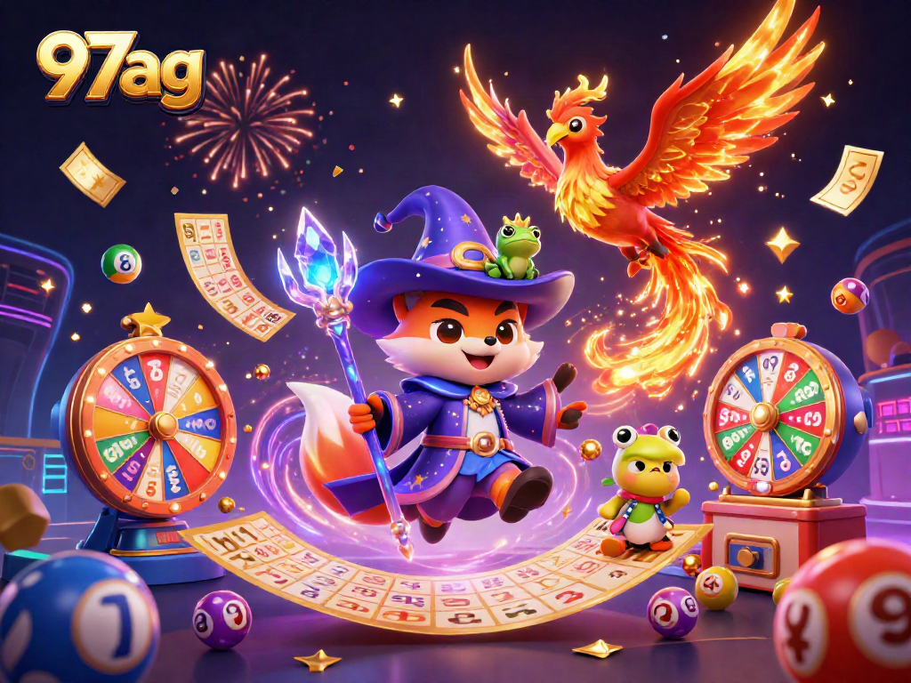 Engage with 97ag's vibrant casino scene featuring a mystical wizard, phoenix, and dynamic lottery elements.