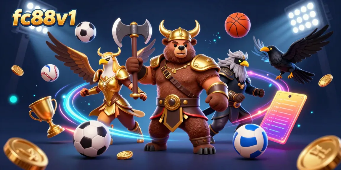 Engage in thrilling sports betting at fc88v1 with a Viking bear and Valkyrie eagle in a vibrant casino scene.