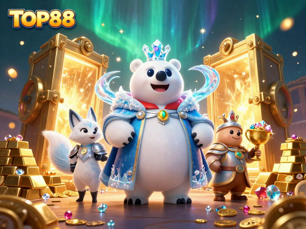 Experience the thrill of TOP88 with a playful scene featuring a polar bear and fox surrounded by casino riches.