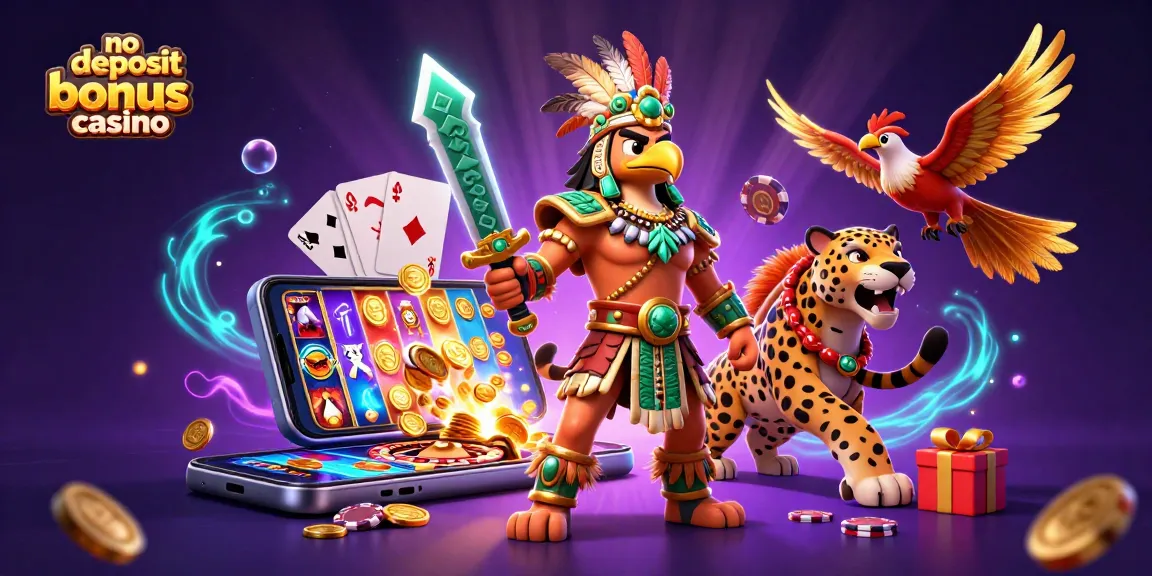 No deposit bonus casino illustration featuring an Aztec warrior and casino elements, vibrant and engaging scene