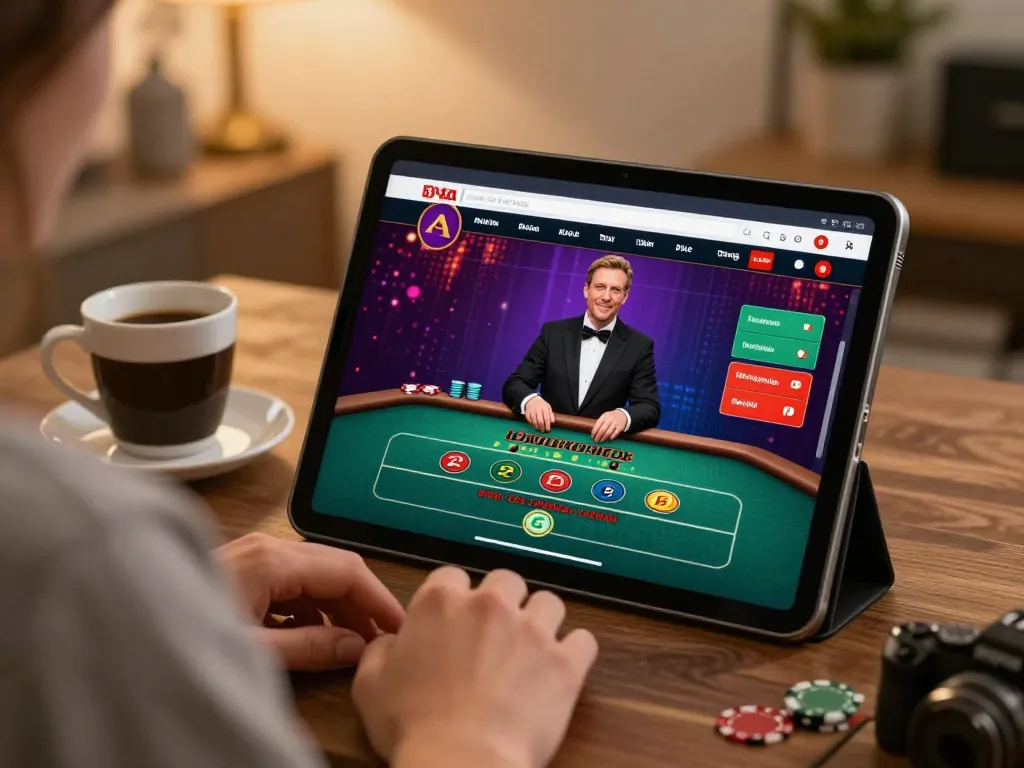 C168 online casino user enjoying a live dealer game on tablet in a cozy home setting.