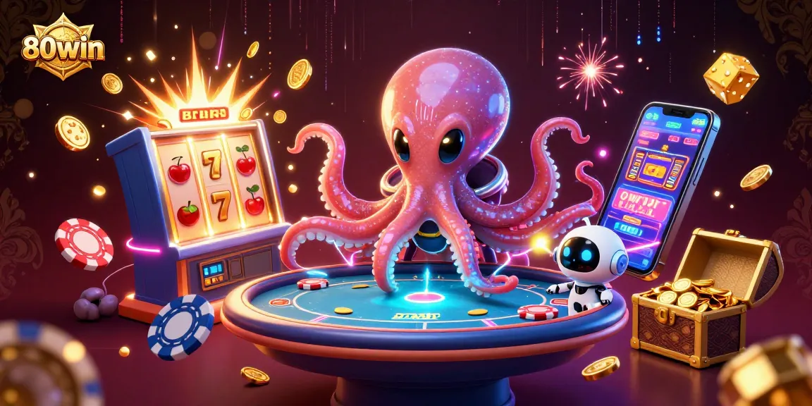 Experience thrilling games with 80win, featuring a 3D octopus at a poker table surrounded by vibrant casino elements.